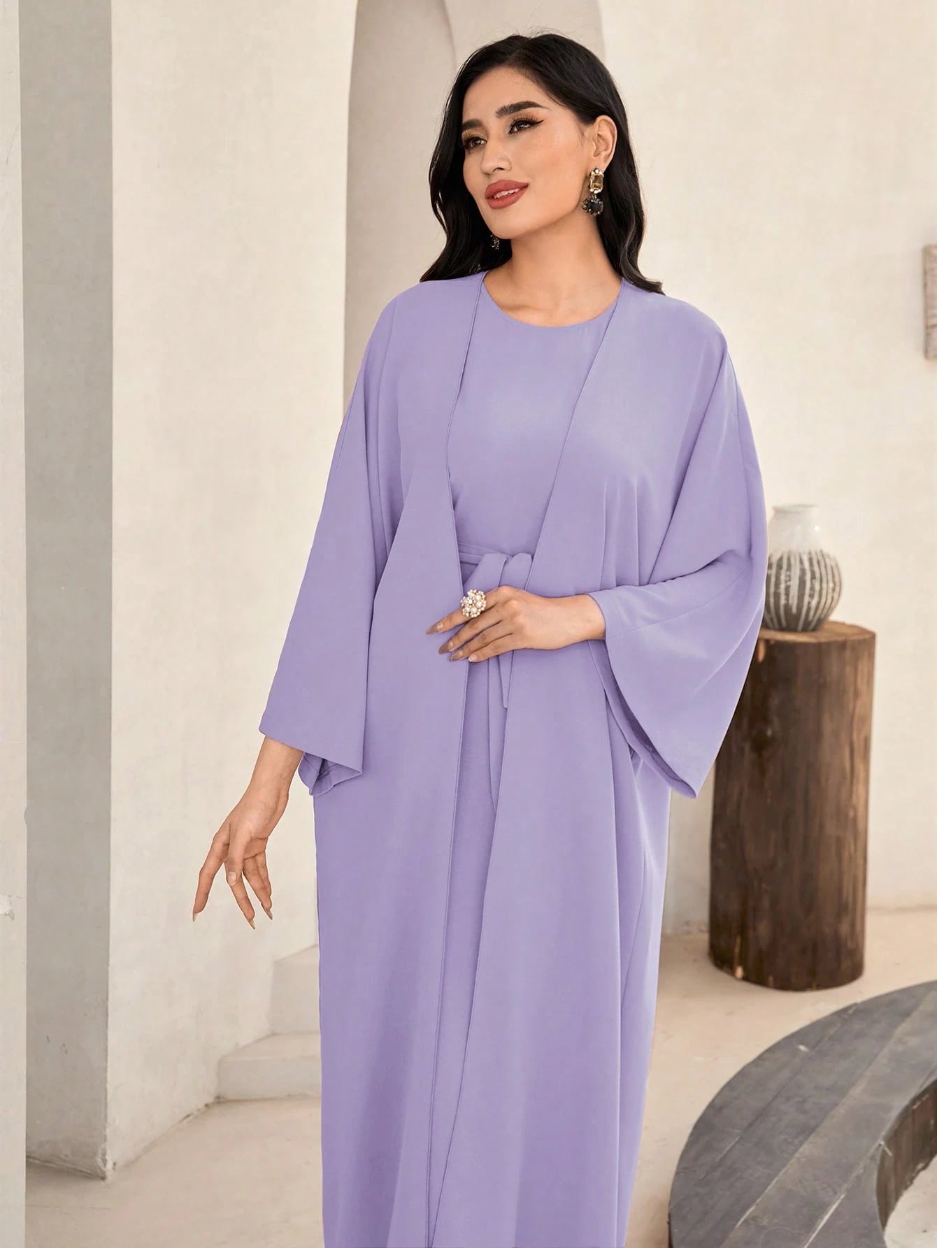 Al Najma Solid Color Bell Sleeve Abaya Dress with Waist Belt