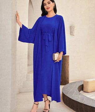 Al Najma Solid Color Bell Sleeve Abaya Dress with Waist Belt