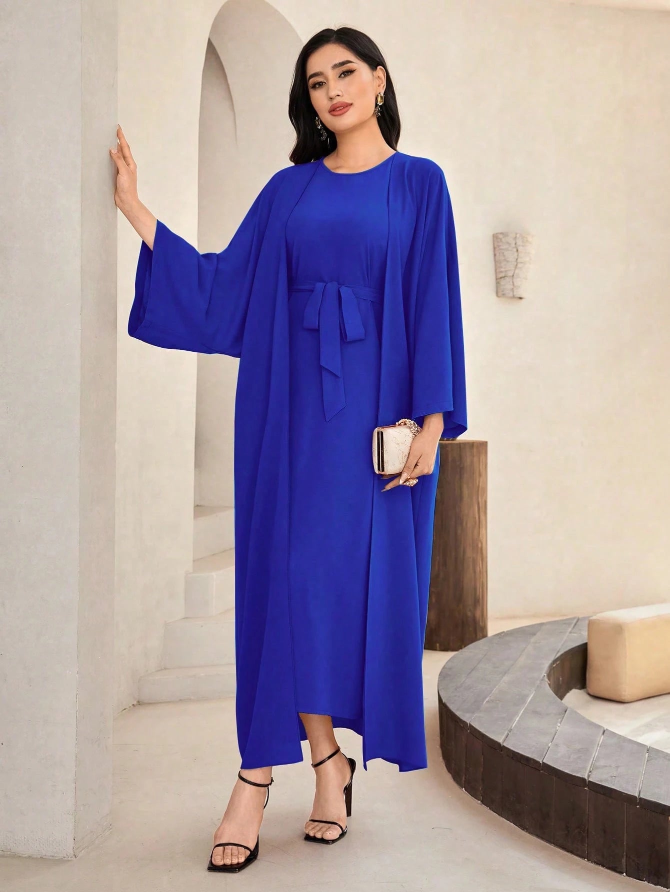 Al Najma Solid Color Bell Sleeve Abaya Dress with Waist Belt