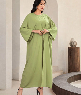 Al Najma Solid Color Bell Sleeve Abaya Dress with Waist Belt
