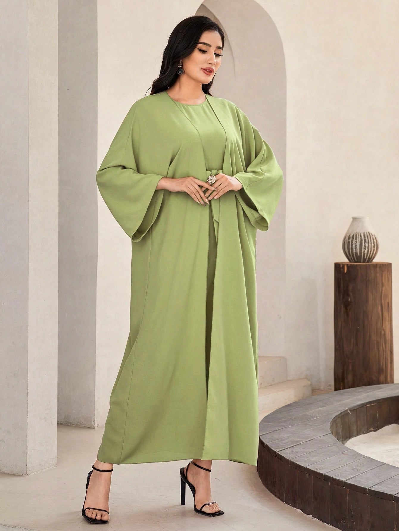Al Najma Solid Color Bell Sleeve Abaya Dress with Waist Belt