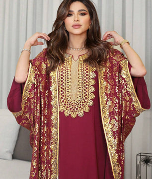 Al Najma Women'S Modest Arabian Dress Kaftan with Gold Print Abaya, Fashion for Casual/Festival/Gathering/Travel