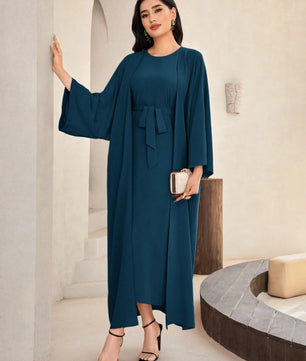 Al Najma Solid Color Bell Sleeve Abaya Dress with Waist Belt