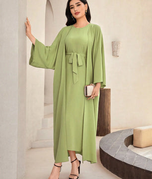 Al Najma Solid Color Bell Sleeve Abaya Dress with Waist Belt