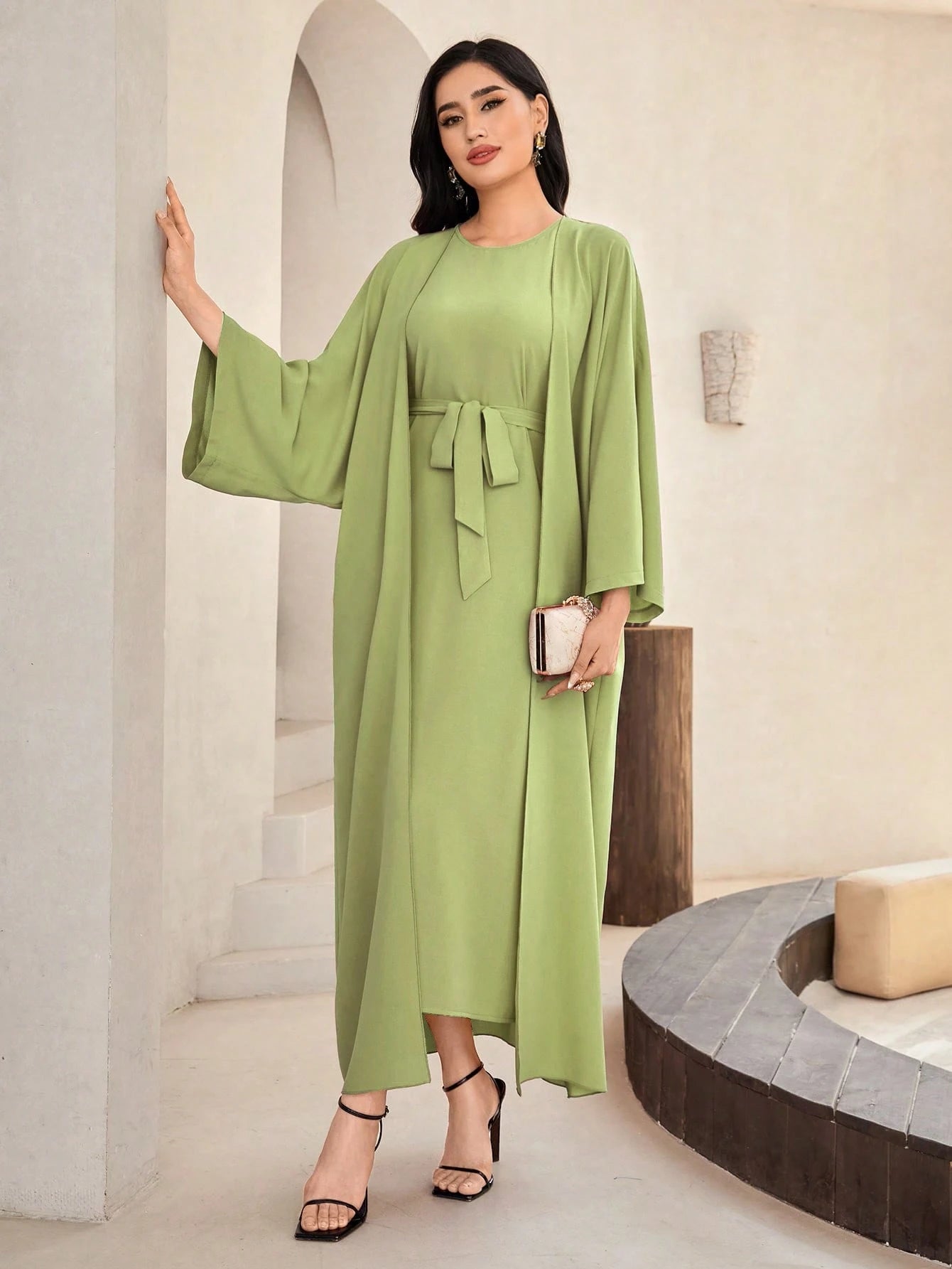 Al Najma Solid Color Bell Sleeve Abaya Dress with Waist Belt