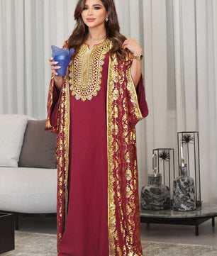 Al Najma Women'S Modest Arabian Dress Kaftan with Gold Print Abaya, Fashion for Casual/Festival/Gathering/Travel