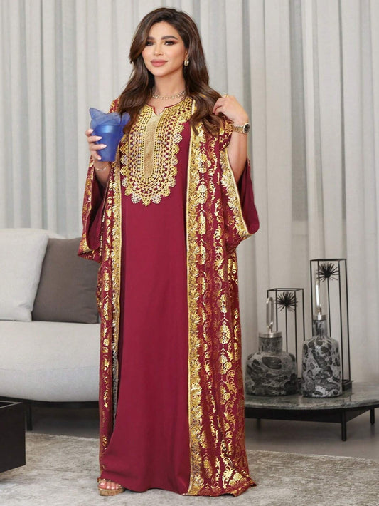 Al Najma Women'S Modest Arabian Dress Kaftan with Gold Print Abaya, Fashion for Casual/Festival/Gathering/Travel
