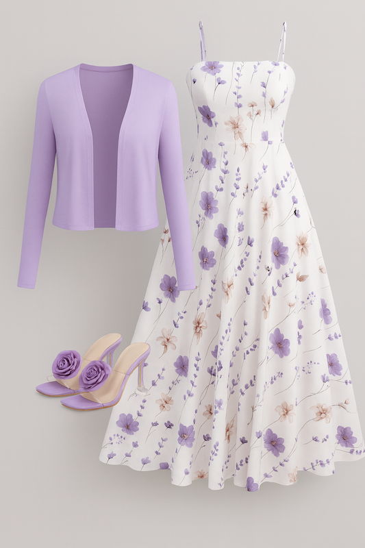 ZUREE Elegant Ditsy Floral Maxi Dress & Lilac Cardigan – 2-Piece Set
