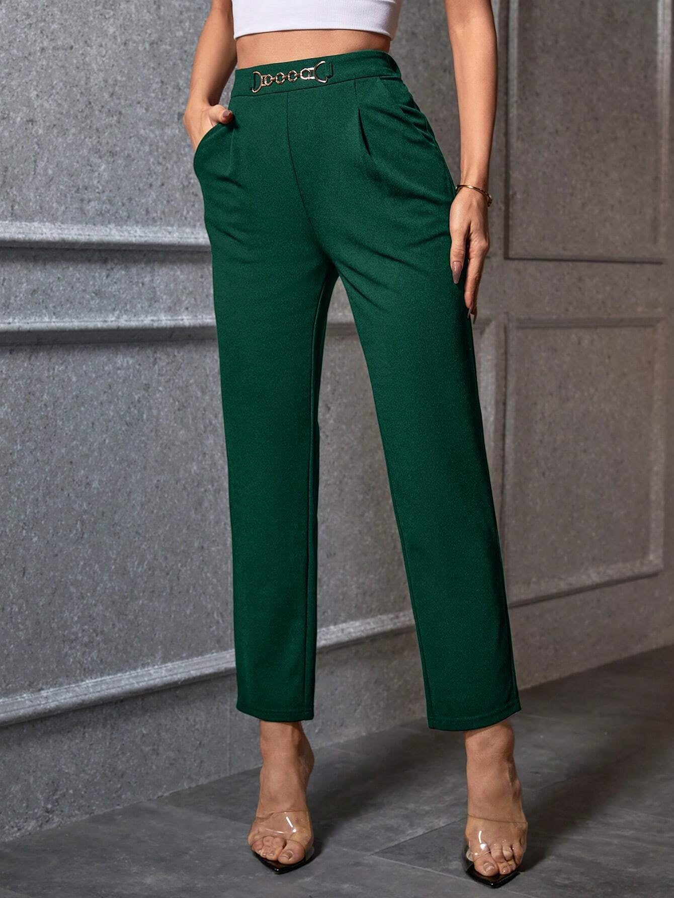 Privé Women'S Basic Minimalist Casual Commuting High Waist Leopard Print Metal Decoration Cropped Pants Old Money Fall Pants