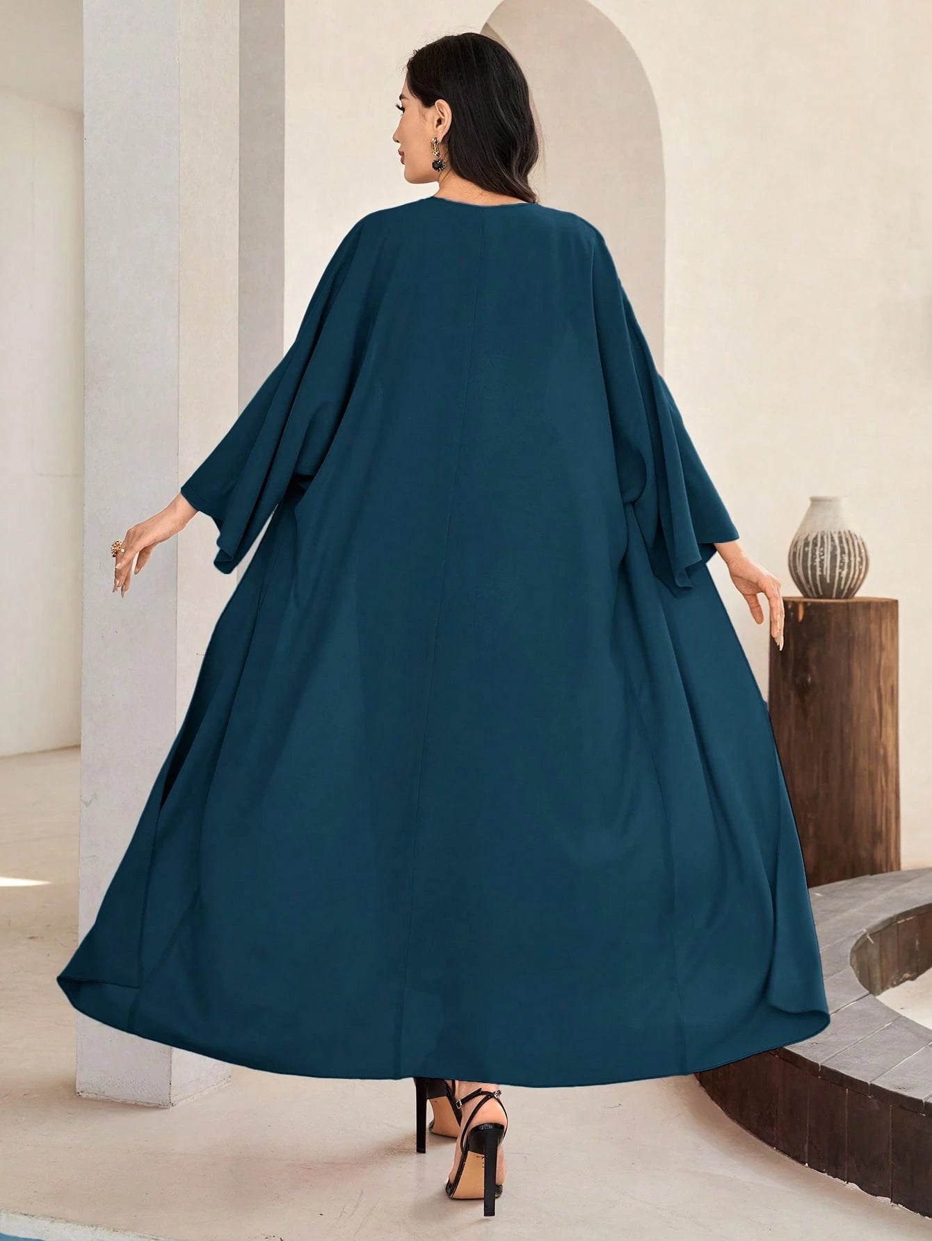 Al Najma Solid Color Bell Sleeve Abaya Dress with Waist Belt