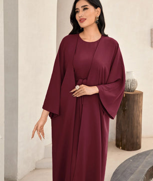 Al Najma Solid Color Bell Sleeve Abaya Dress with Waist Belt