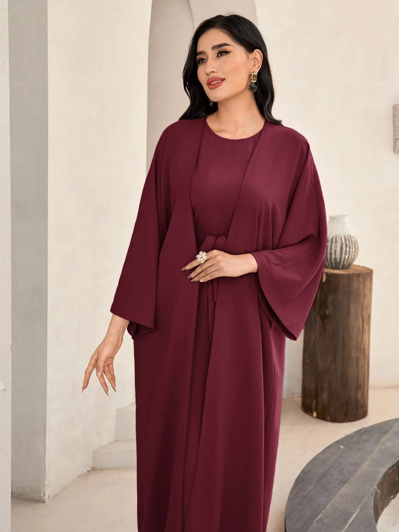 Al Najma Solid Color Bell Sleeve Abaya Dress with Waist Belt