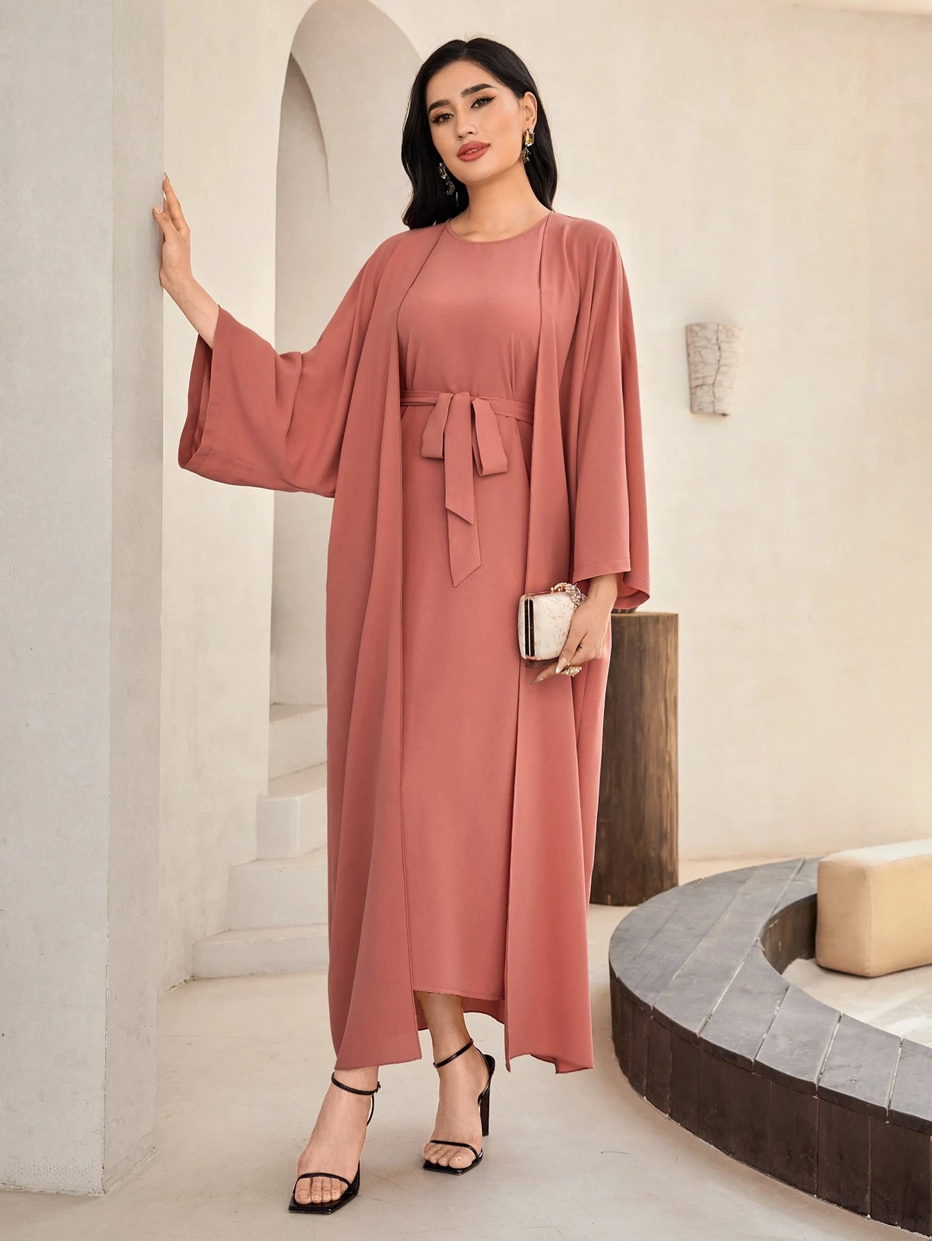 Al Najma Solid Color Bell Sleeve Abaya Dress with Waist Belt