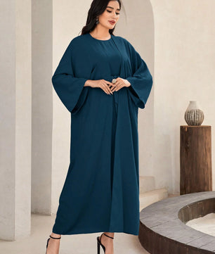 Al Najma Solid Color Bell Sleeve Abaya Dress with Waist Belt