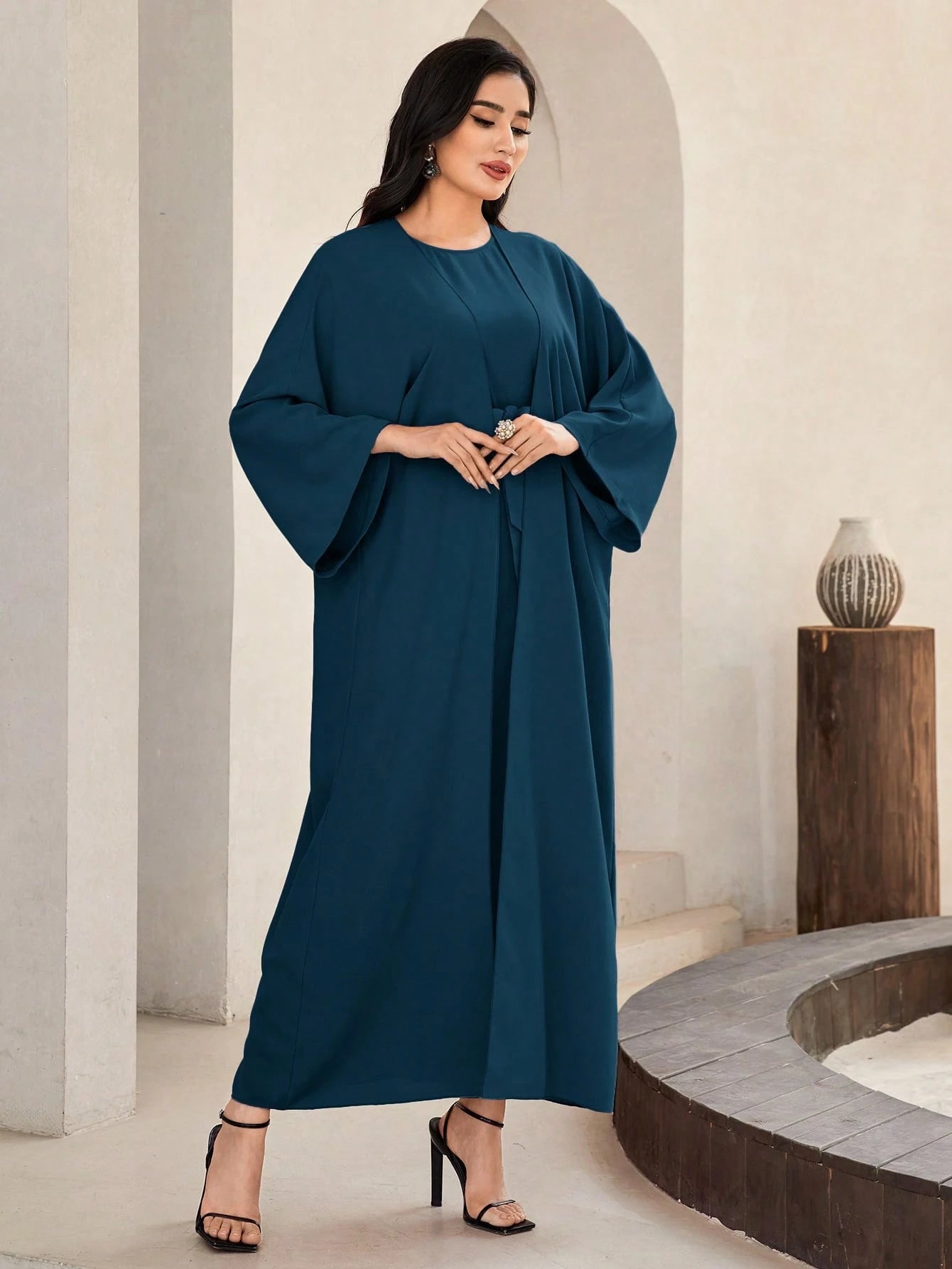 Al Najma Solid Color Bell Sleeve Abaya Dress with Waist Belt