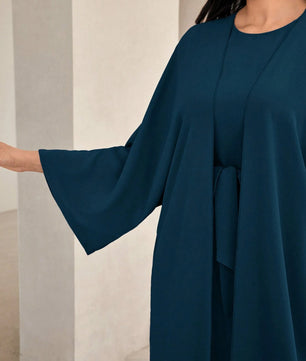 Al Najma Solid Color Bell Sleeve Abaya Dress with Waist Belt