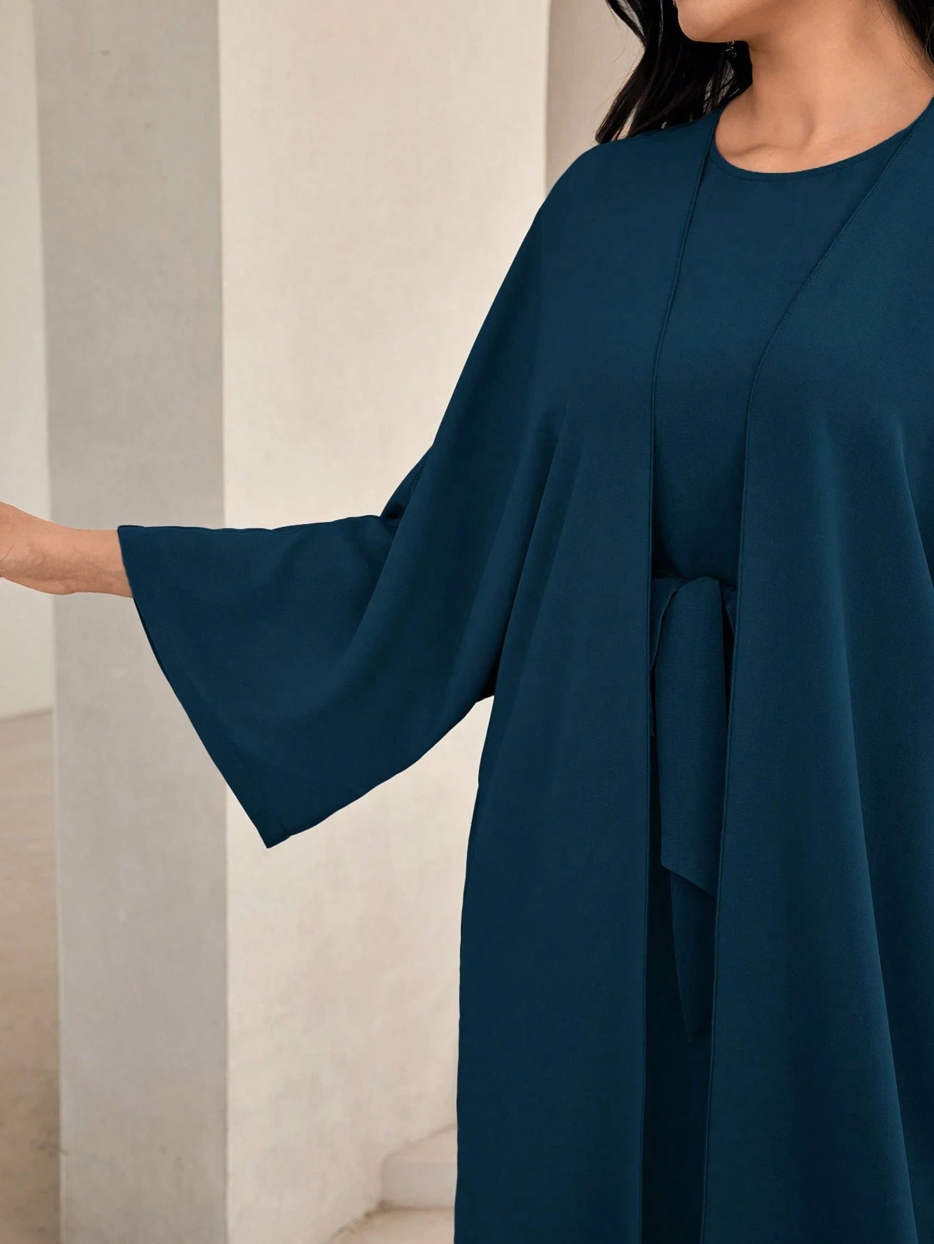 Al Najma Solid Color Bell Sleeve Abaya Dress with Waist Belt