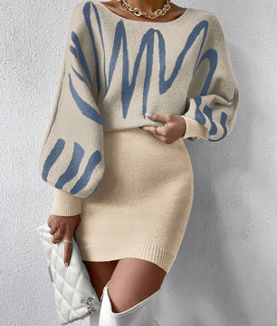 Chiquease Graphic Pattern Batwing Sleeve Sweater Dress