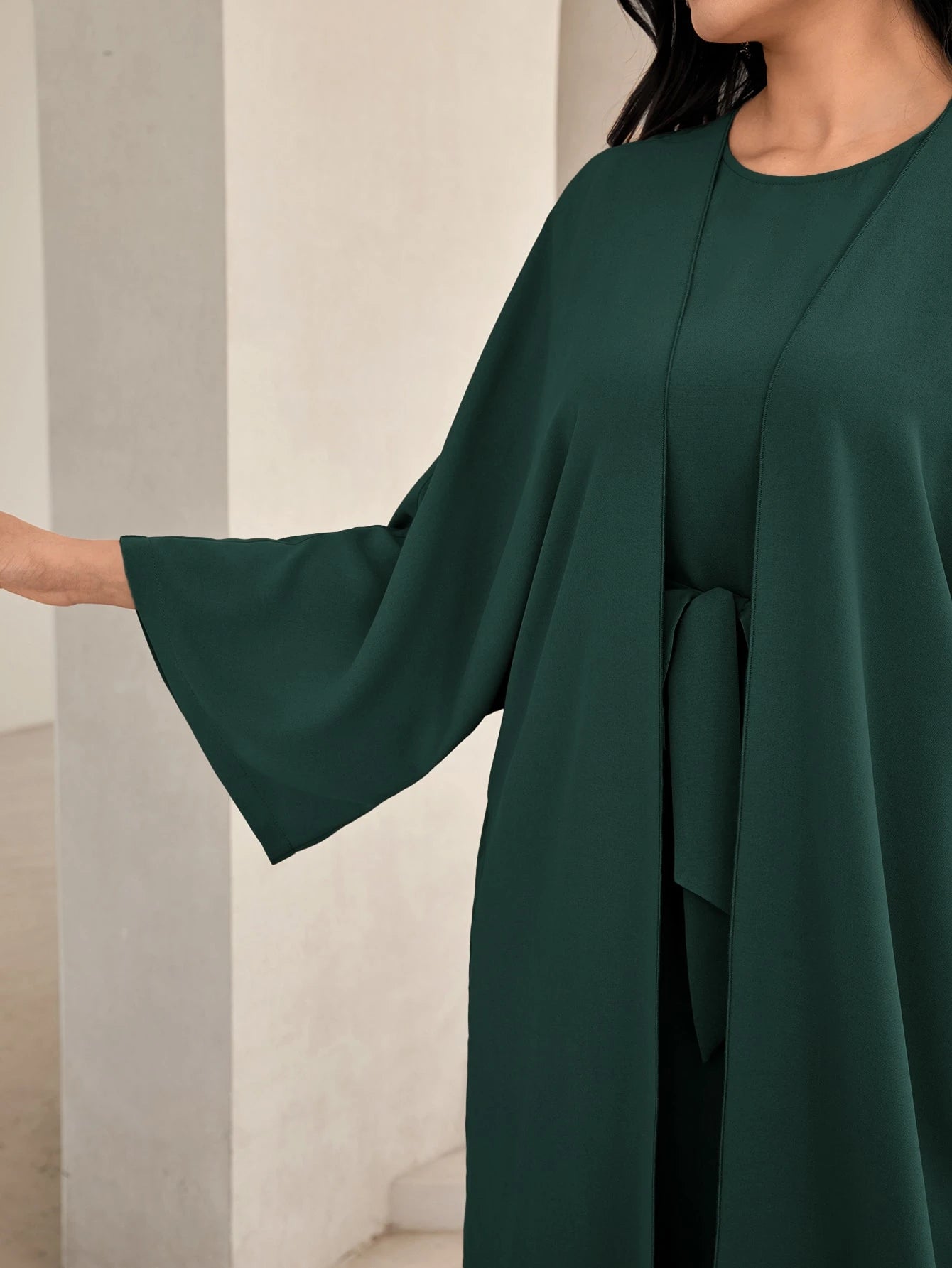 Al Najma Solid Color Bell Sleeve Abaya Dress with Waist Belt