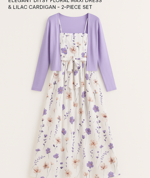 ZUREE Elegant Ditsy Floral Maxi Dress & Lilac Cardigan – 2-Piece Set