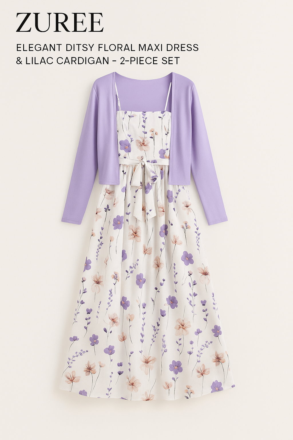 ZUREE Elegant Ditsy Floral Maxi Dress & Lilac Cardigan – 2-Piece Set