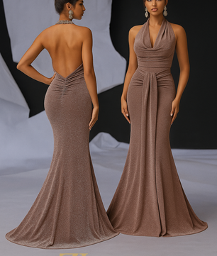 Glamrae Elegant Glittery Knitted Draped Neck Pleated Front Mermaid Maxi Black Formal Dress with Tail for Cocktail Party, Date Night, Wedding, Prom Evening Gown, for Wedding Guest, Graduation, Dinner