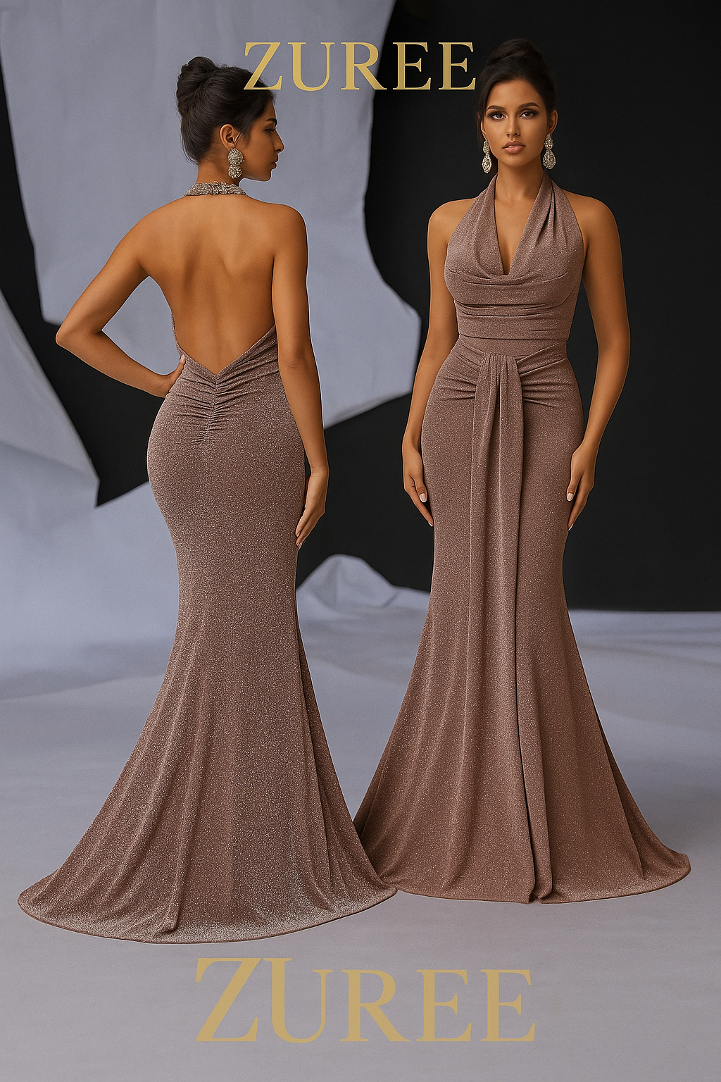 Glamrae Elegant Glittery Knitted Draped Neck Pleated Front Mermaid Maxi Black Formal Dress with Tail for Cocktail Party, Date Night, Wedding, Prom Evening Gown, for Wedding Guest, Graduation, Dinner