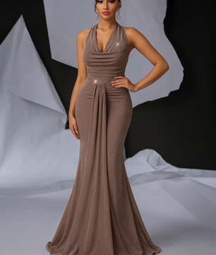 Glamrae Elegant Glittery Knitted Draped Neck Pleated Front Mermaid Maxi Black Formal Dress with Tail for Cocktail Party, Date Night, Wedding, Prom Evening Gown, for Wedding Guest, Graduation, Dinner
