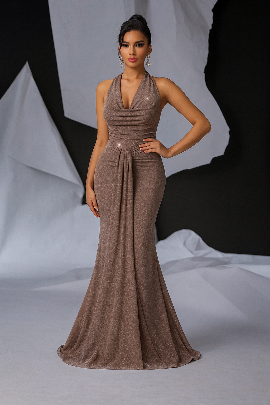 Glamrae Elegant Glittery Knitted Draped Neck Pleated Front Mermaid Maxi Black Formal Dress with Tail for Cocktail Party, Date Night, Wedding, Prom Evening Gown, for Wedding Guest, Graduation, Dinner