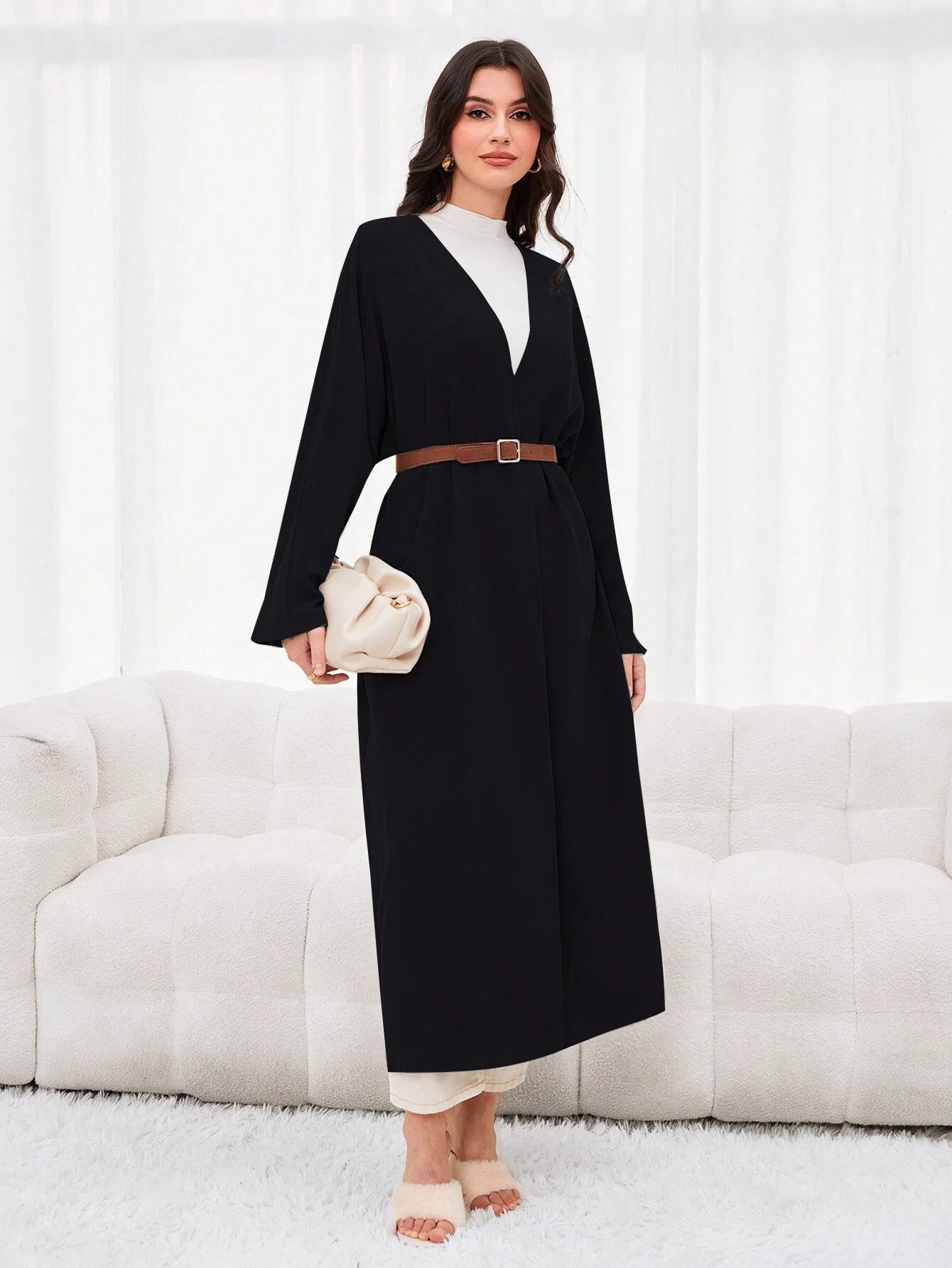 Al Najma Solid Open Front Modest Long Sleeve Arabian Abaya