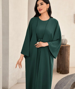 Al Najma Solid Color Bell Sleeve Abaya Dress with Waist Belt