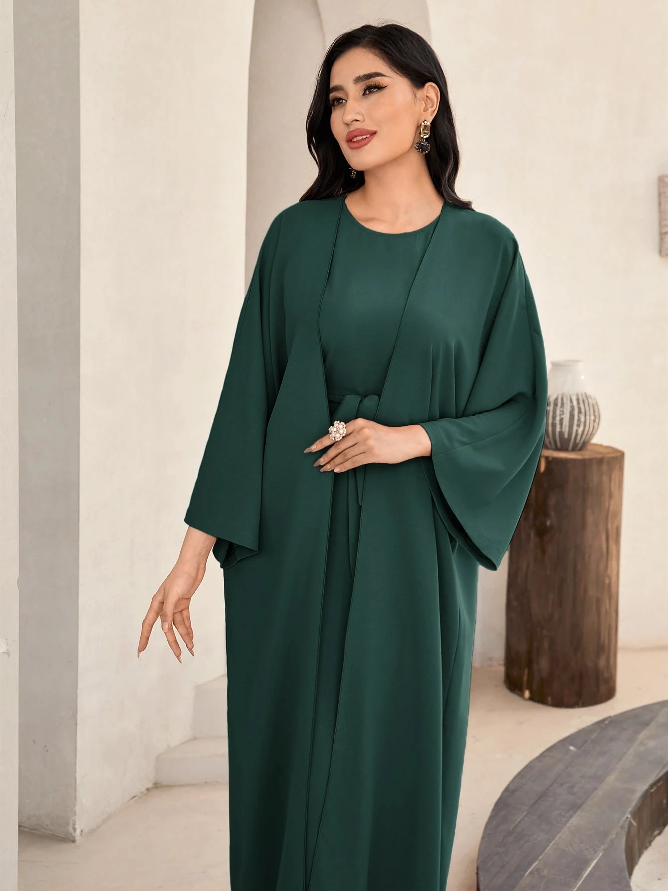 Al Najma Solid Color Bell Sleeve Abaya Dress with Waist Belt
