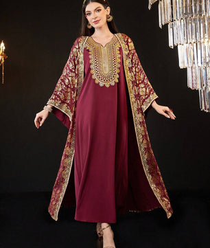 Al Najma Women'S Modest Arabian Dress Kaftan with Gold Print Abaya, Fashion for Casual/Festival/Gathering/Travel