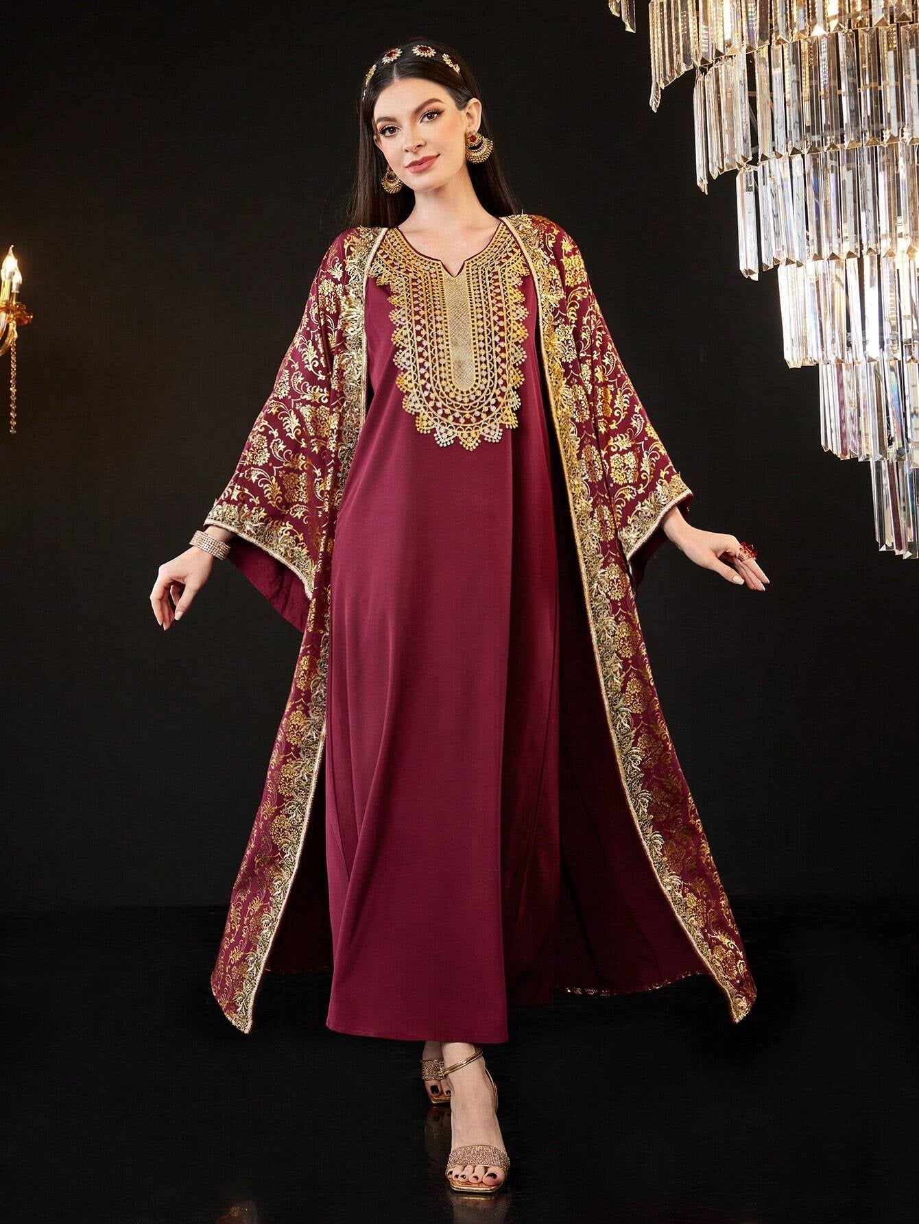 Al Najma Women'S Modest Arabian Dress Kaftan with Gold Print Abaya, Fashion for Casual/Festival/Gathering/Travel