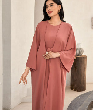 Al Najma Solid Color Bell Sleeve Abaya Dress with Waist Belt