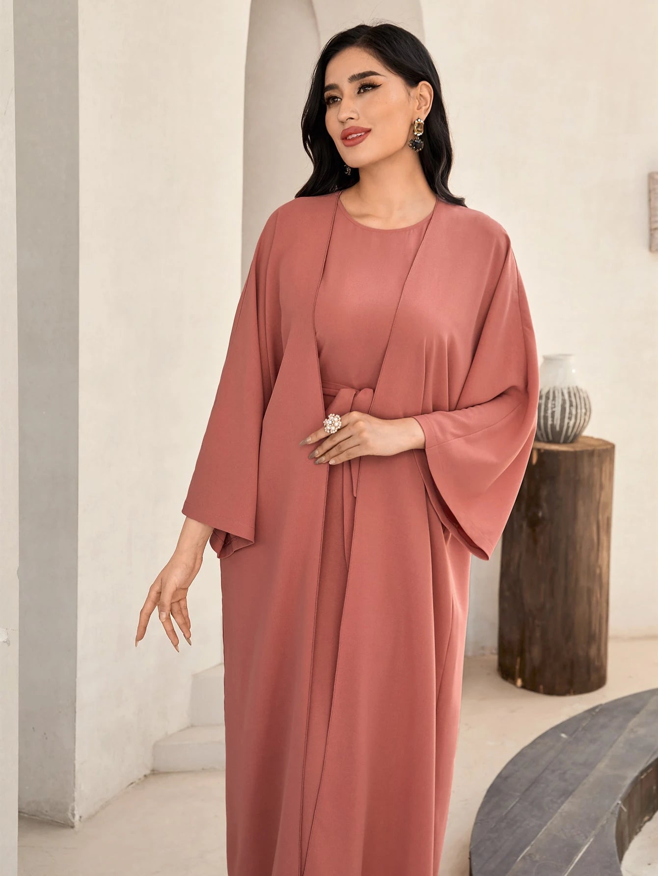 Al Najma Solid Color Bell Sleeve Abaya Dress with Waist Belt