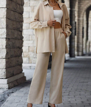 LUNE Solid Button Front Shirt & Wide Leg Pants