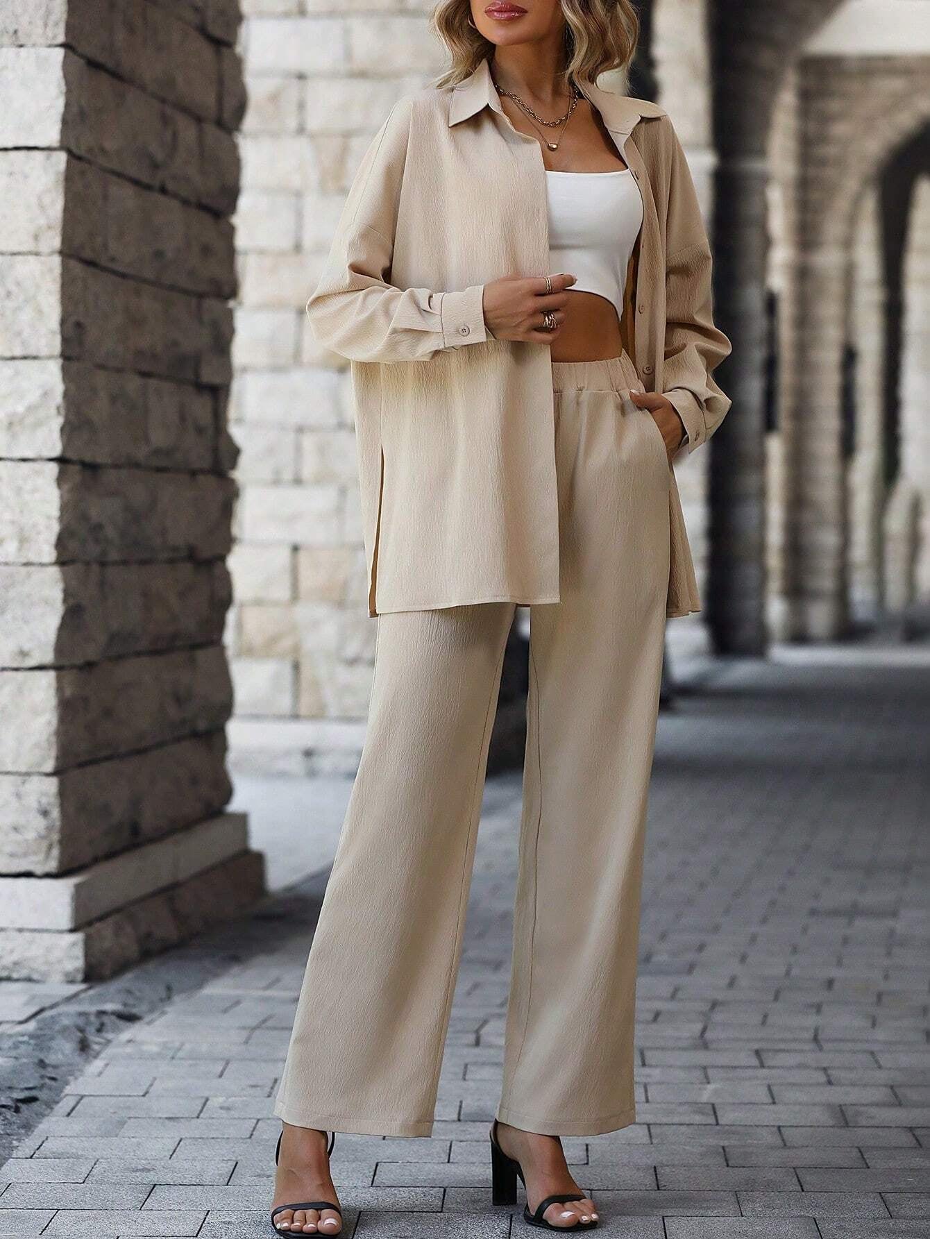 LUNE Solid Button Front Shirt & Wide Leg Pants