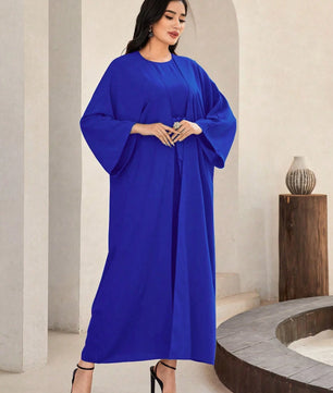 Al Najma Solid Color Bell Sleeve Abaya Dress with Waist Belt