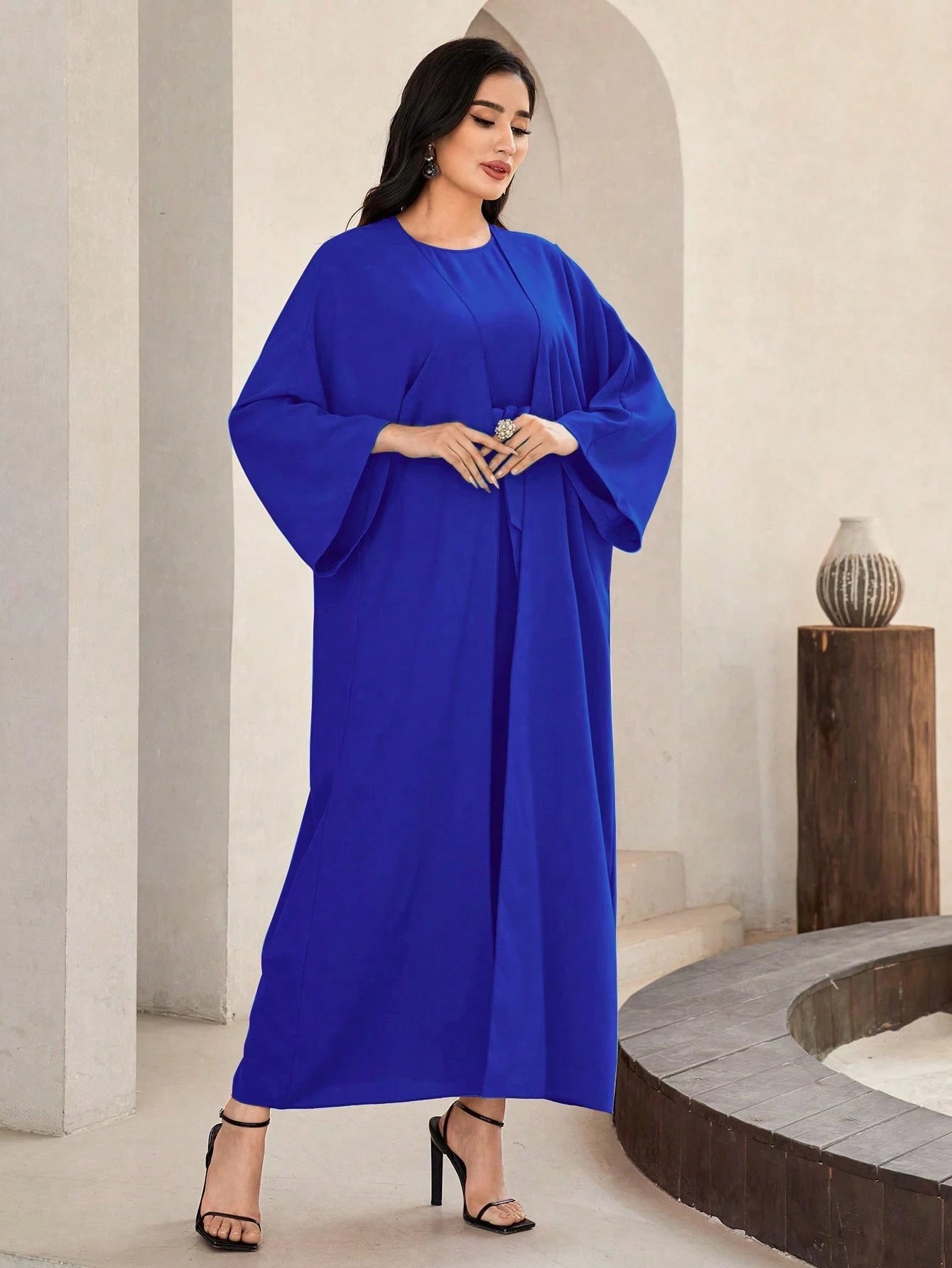 Al Najma Solid Color Bell Sleeve Abaya Dress with Waist Belt