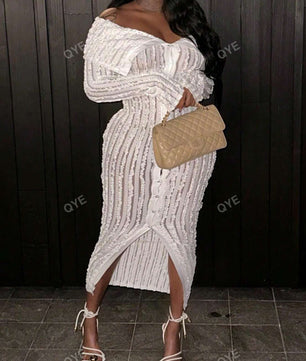Distinctive Jacquard Knit Off-Shoulder Bodycon Dress