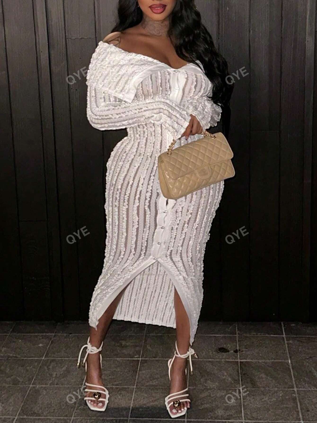 Distinctive Jacquard Knit Off-Shoulder Bodycon Dress