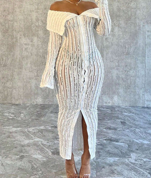 Distinctive Jacquard Knit Off-Shoulder Bodycon Dress