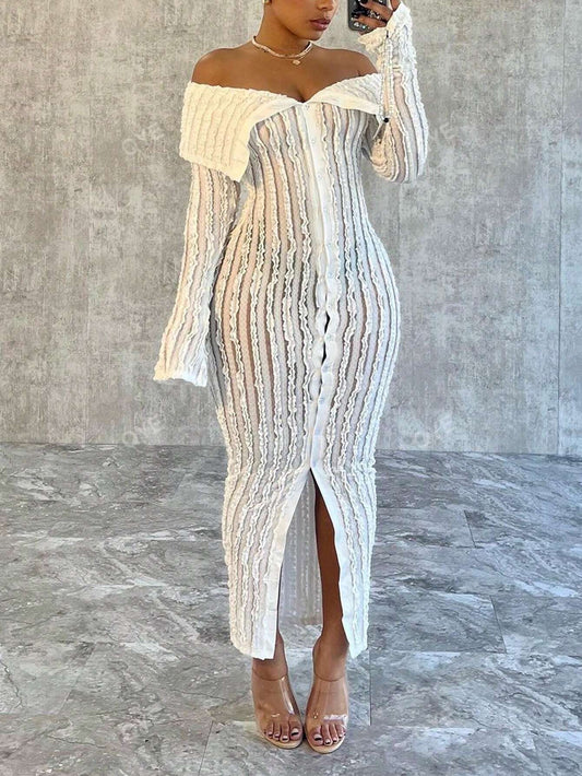 Distinctive Jacquard Knit Off-Shoulder Bodycon Dress