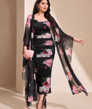 Modelyn Floral Print Cami Bodycon Dress & Open Front Coat Two Pieces 2 Pieces Set