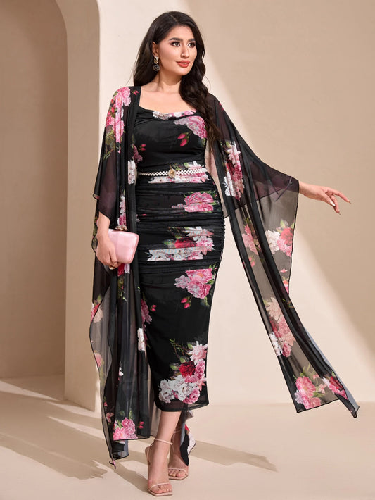 Modelyn Floral Print Cami Bodycon Dress & Open Front Coat Two Pieces 2 Pieces Set