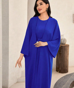 Al Najma Solid Color Bell Sleeve Abaya Dress with Waist Belt