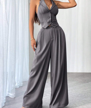 Privé Ladies' Commute Old Money Style Leisure Solid Color Simple Daily Slim-Fit Deep V Neck Sleeveless Blazer and Low Waist Wide-Leg Pants Set Set for Daily Work,Party and Street ,Business , Teacher