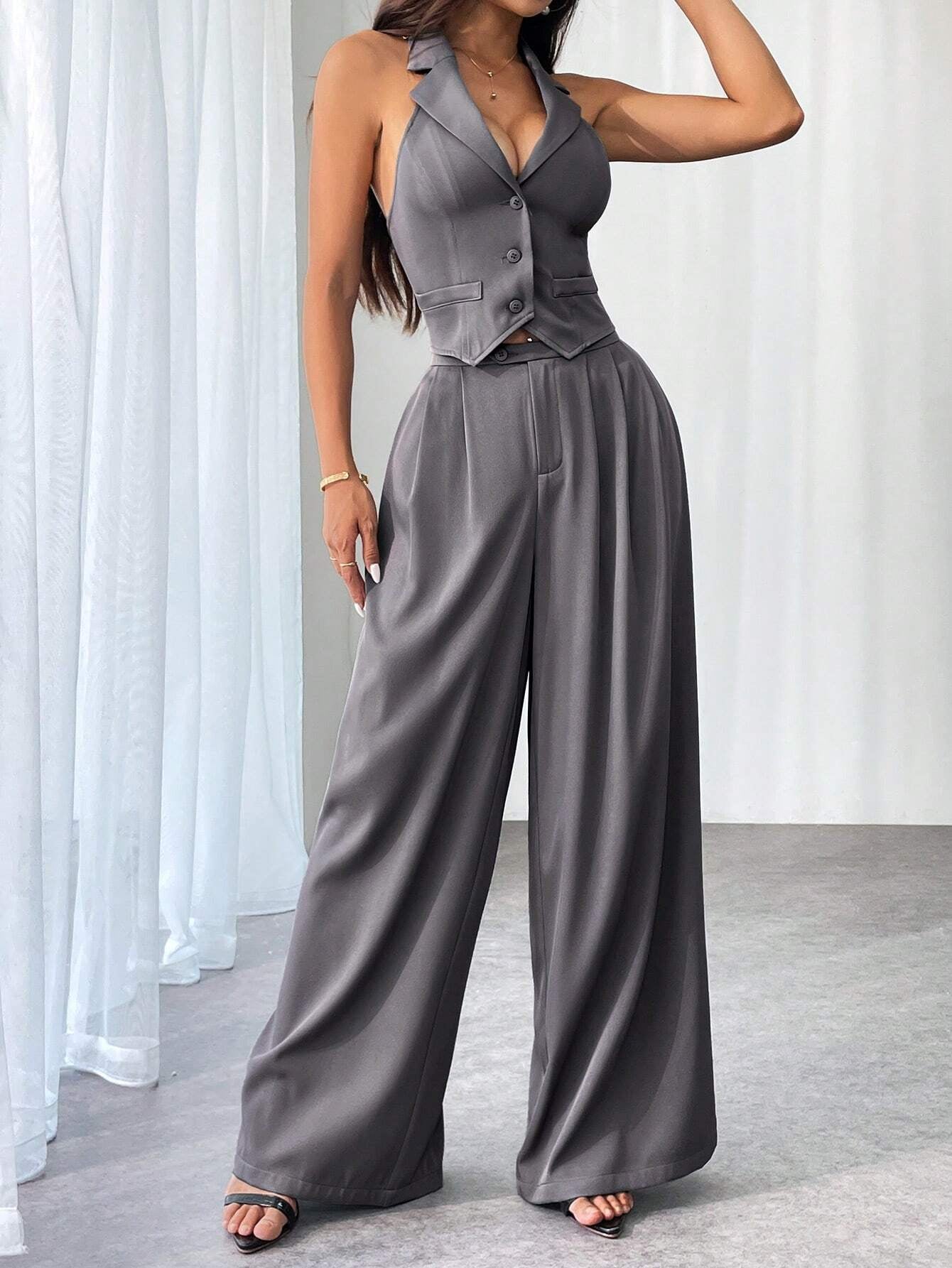 Privé Ladies' Commute Old Money Style Leisure Solid Color Simple Daily Slim-Fit Deep V Neck Sleeveless Blazer and Low Waist Wide-Leg Pants Set Set for Daily Work,Party and Street ,Business , Teacher