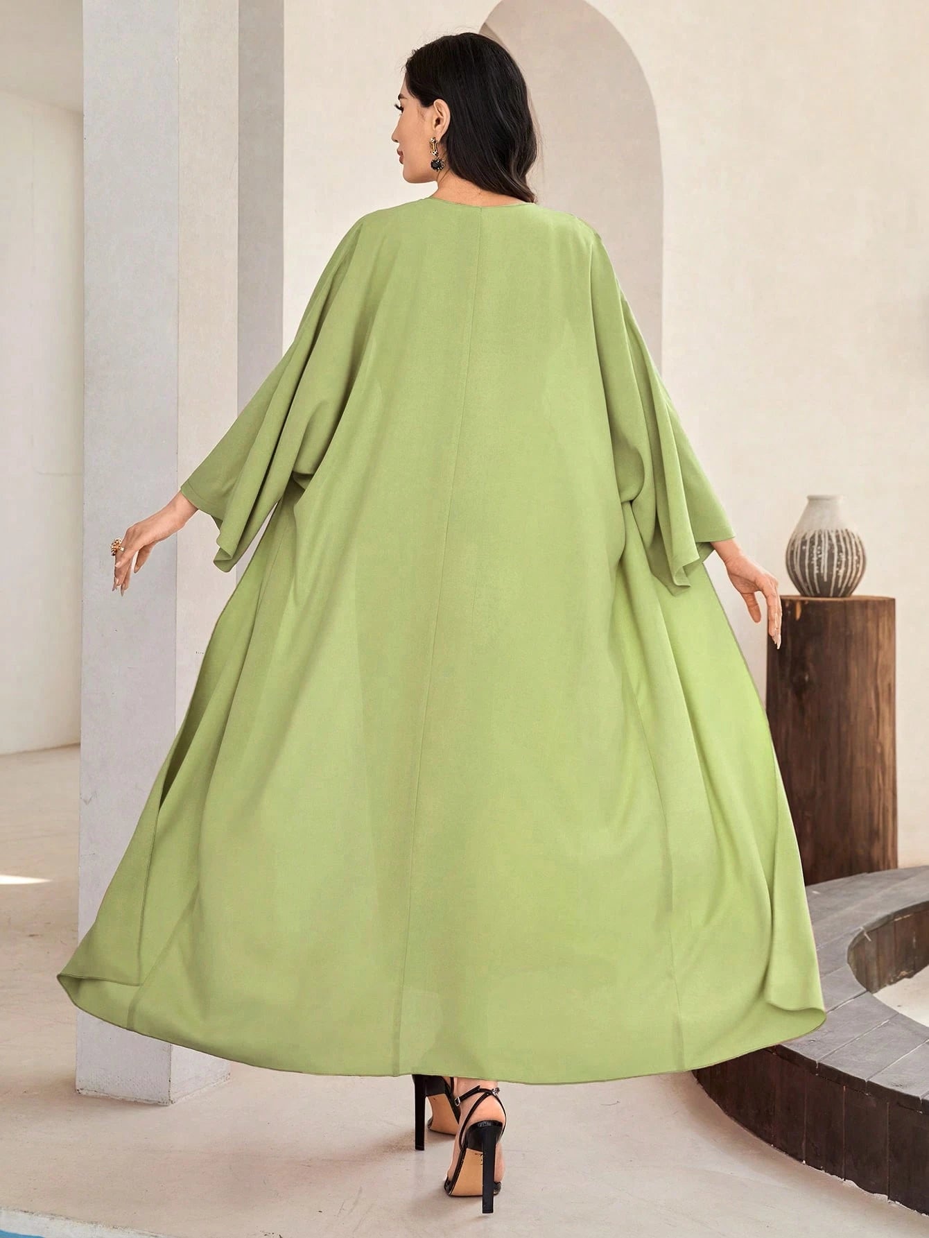 Al Najma Solid Color Bell Sleeve Abaya Dress with Waist Belt